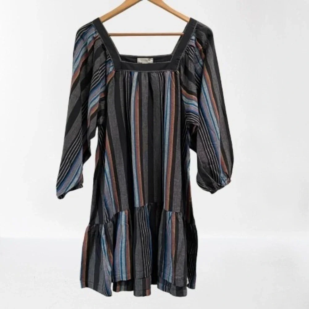 Outerknown Miro Mini Dress Striped Boho Organic Cotton Ruffle Swing‎ New XS
